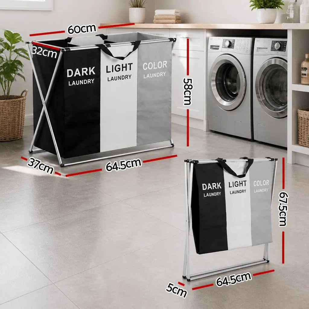 Laundry Basket Hamper Multicolour Large Foldable 3 Sections Clothes Storage Organiser