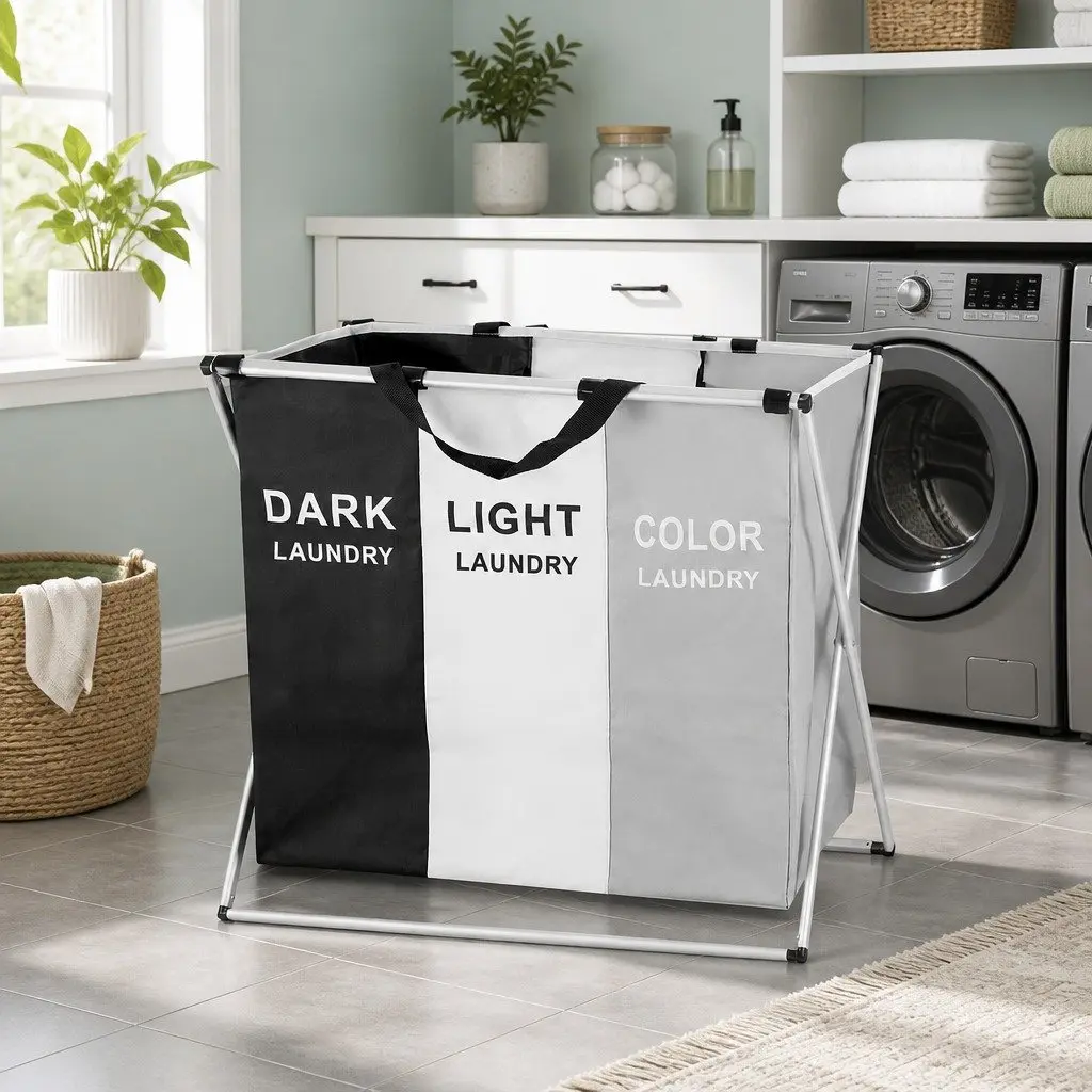 Laundry Basket Hamper Multicolour Large Foldable 3 Sections Clothes Storage Organiser