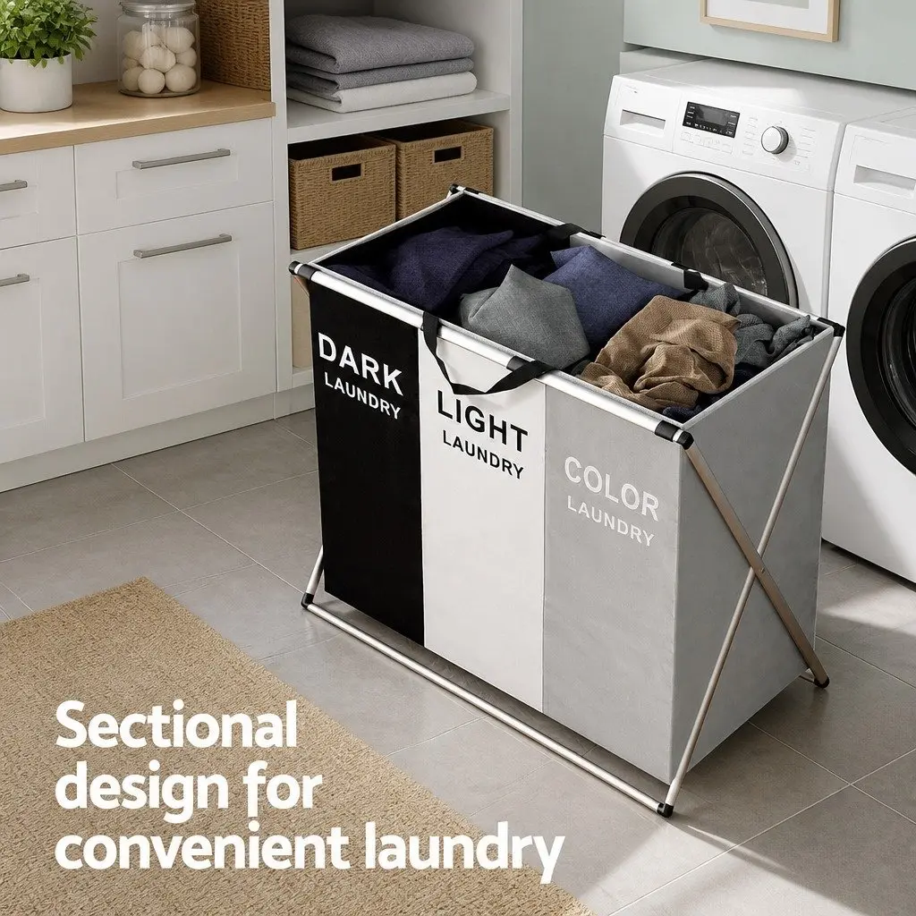 Laundry Basket Hamper Multicolour Large Foldable 3 Sections Clothes Storage Organiser