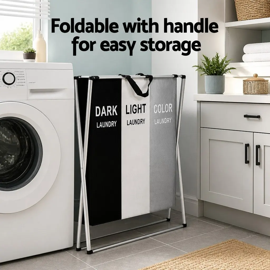 Laundry Basket Hamper Multicolour Large Foldable 3 Sections Clothes Storage Organiser