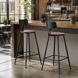 Bar Stools x2 Industrial Design Black Metal Frame Removable Backrest Dining