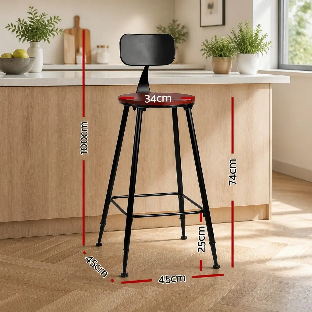 Bar Stools Black 74cm Industrial Metal Chairs with Pinewood Seat and Removable Backrest Set of 4