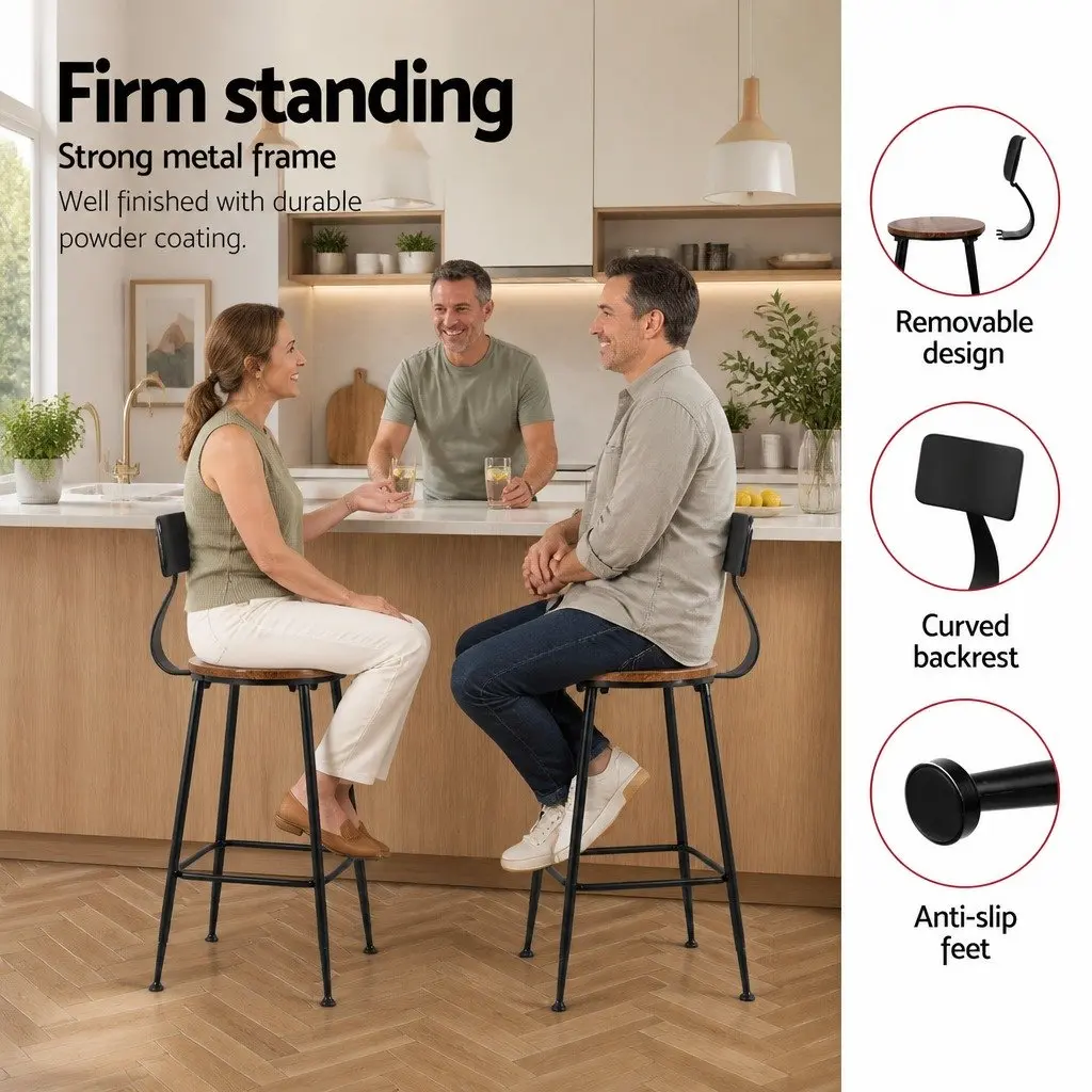 Bar Stools Black 74cm Industrial Metal Chairs with Pinewood Seat and Removable Backrest Set of 4