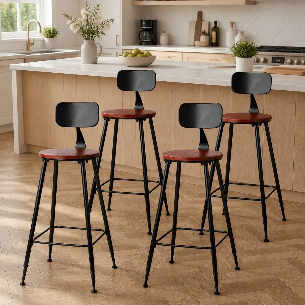 Bar Stools Black 74cm Industrial Metal Chairs with Pinewood Seat and Removable Backrest Set of 4