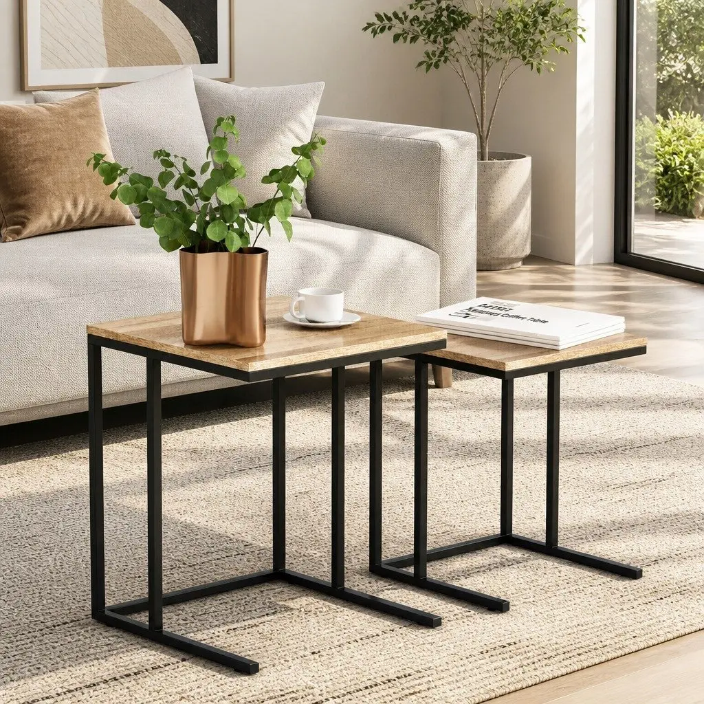 Nesting Side Table Set 2 Dark Wood Industrial Style Space-Saving Coffee Table