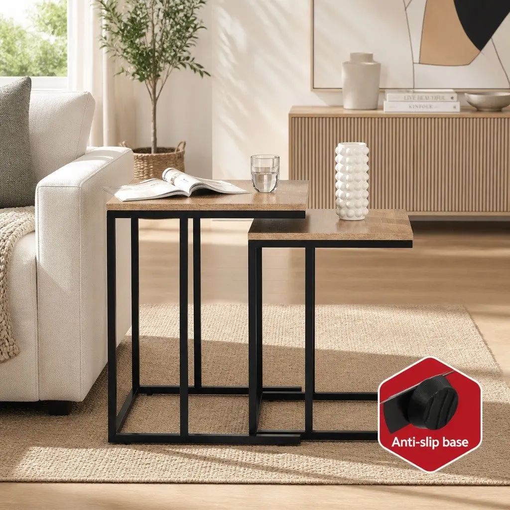 Nesting Side Table Set 2 Dark Wood Industrial Style Space-Saving Coffee Table