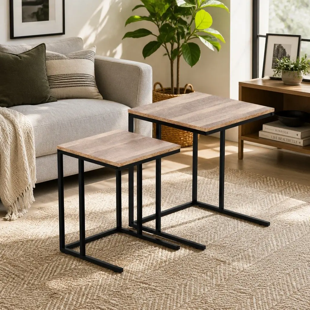 Nesting Side Table Set 2 Dark Wood Industrial Style Space-Saving Coffee Table