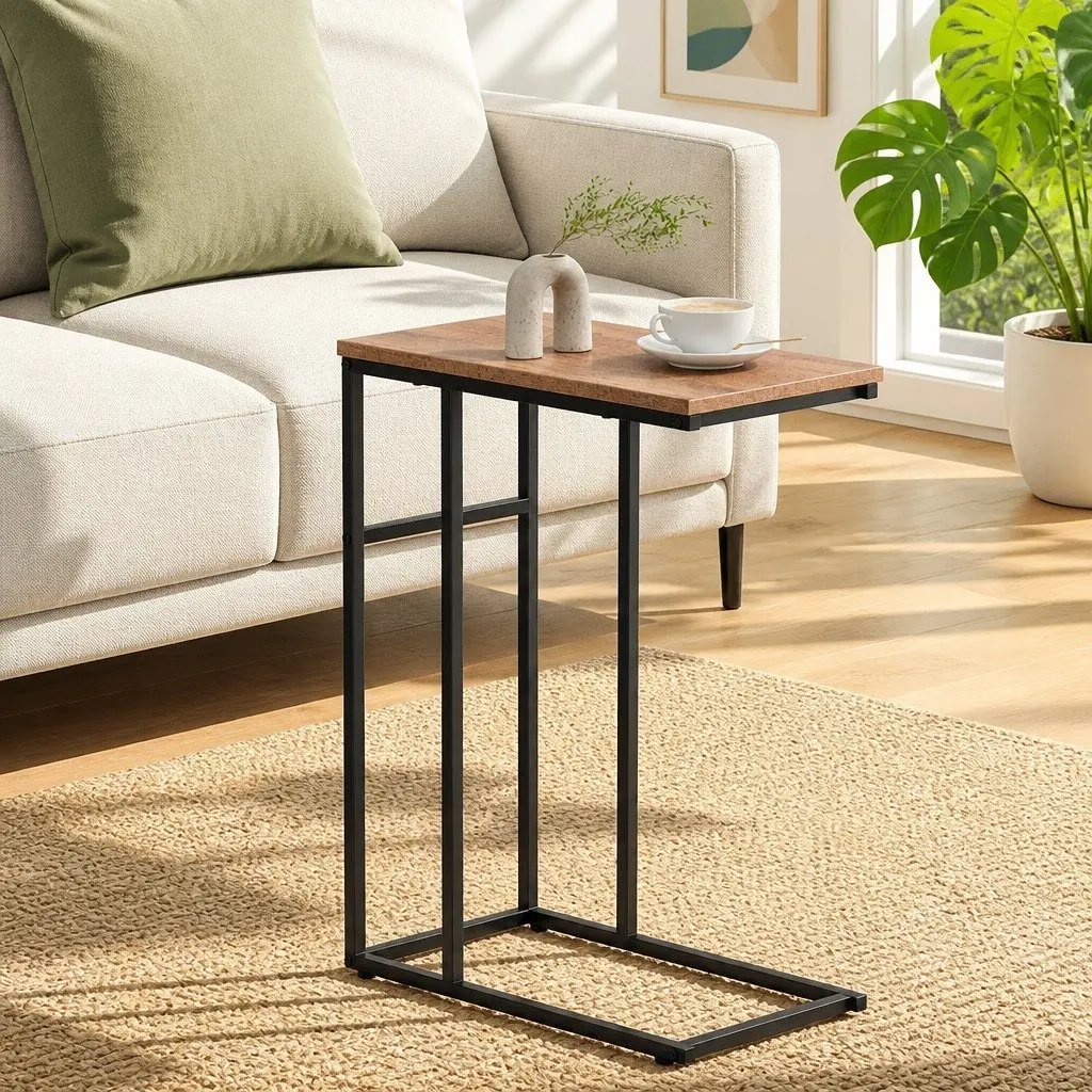 Industrial Side Table C-Shape Compact Living Room Furniture Wood Steel Legs
