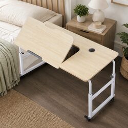 Adjustable Mobile Laptop Desk Overbed Table Computer Stand Bedside Cart Natural