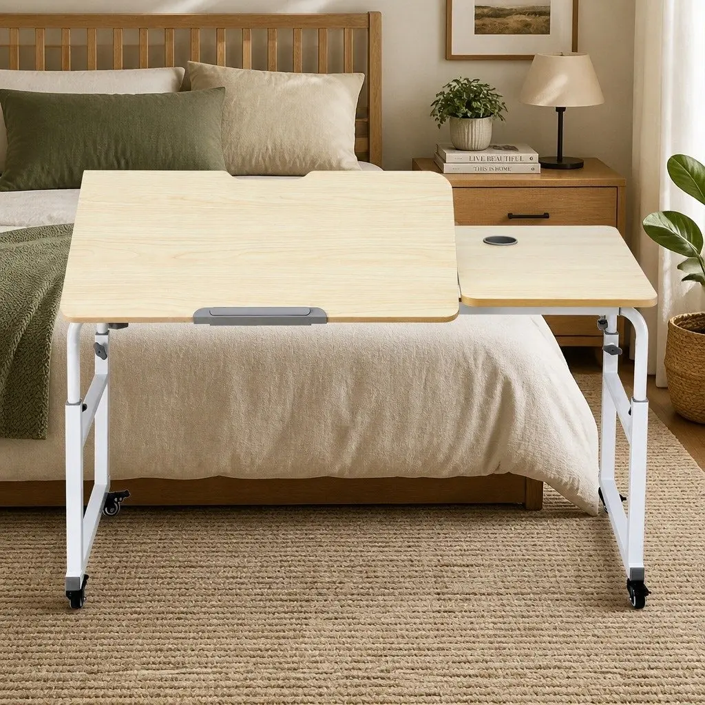 Mobile Laptop Desk Natural Adjustable Overbed Table Computer Stand Bedside Cart