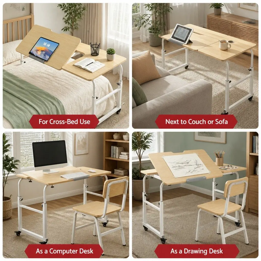 Mobile Laptop Desk Natural Adjustable Overbed Table Computer Stand Bedside Cart