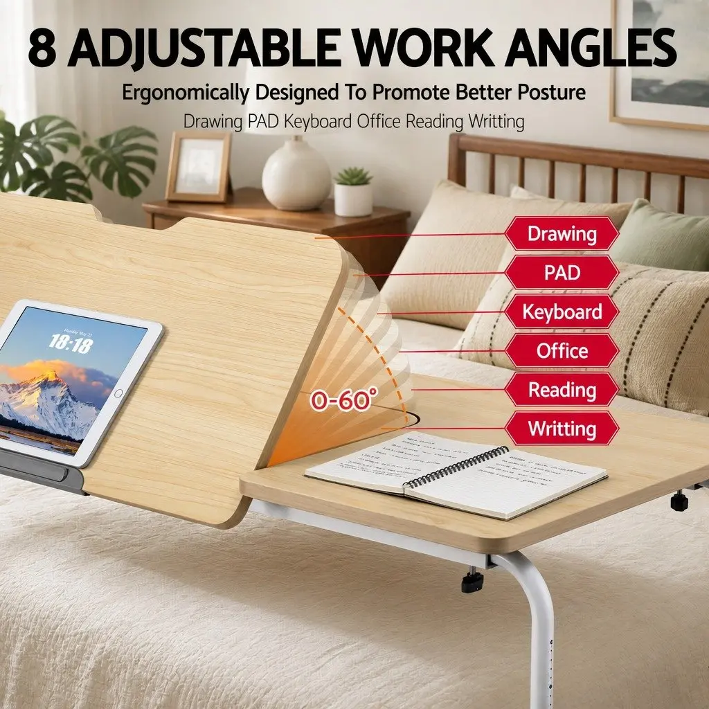 Mobile Laptop Desk Natural Adjustable Overbed Table Computer Stand Bedside Cart