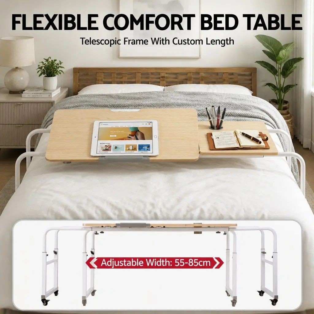 Mobile Laptop Desk Natural Adjustable Overbed Table Computer Stand Bedside Cart