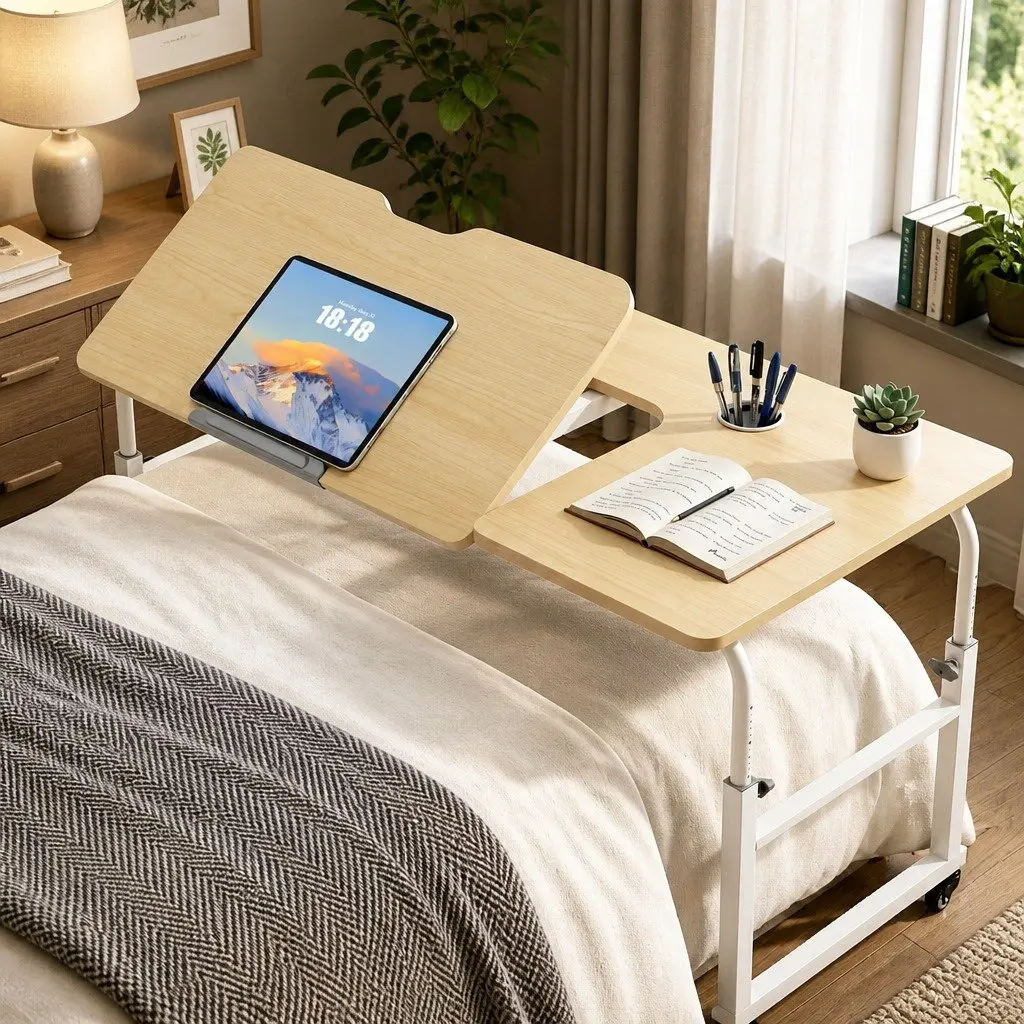 Mobile Laptop Desk Natural Adjustable Overbed Table Computer Stand Bedside Cart