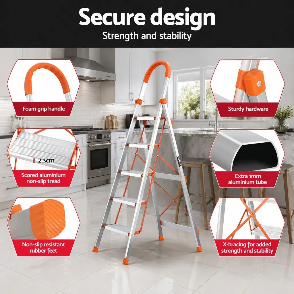 5 Step Ladder Silver Lightweight Aluminium Folding Multi-Purpose Indoor Outdoor