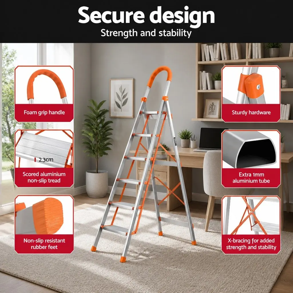 6 Step Ladder Folding Aluminium Multi-Purpose Non-Slip Platform Home Work