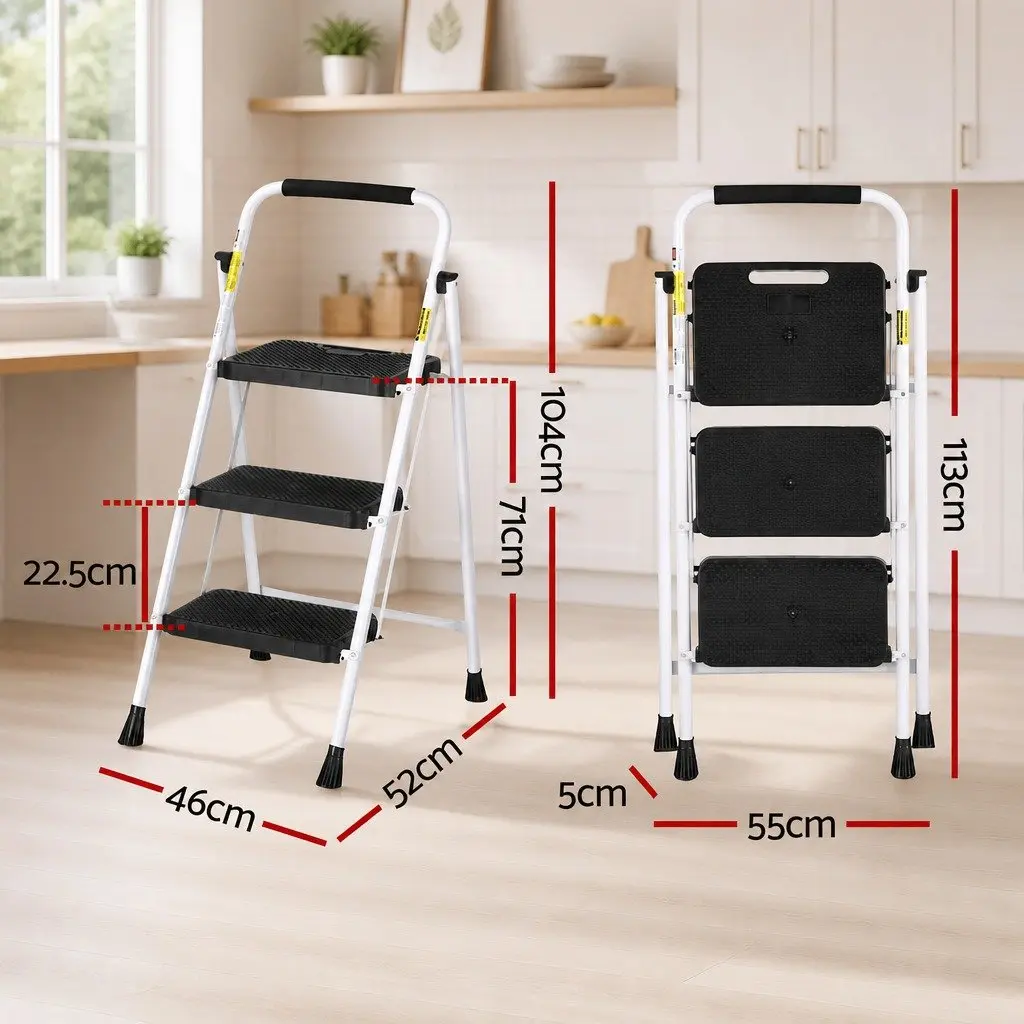 3 Step Ladder Black Steel Folding Non-Slip Safety Indoor