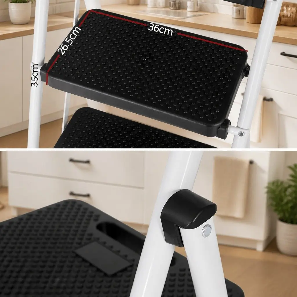 3 Step Ladder Black Steel Folding Non-Slip Safety Indoor