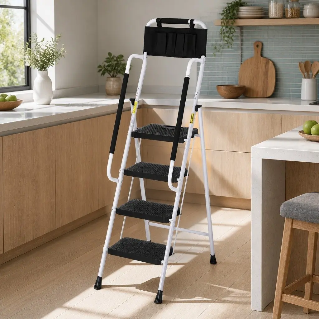 4 Step Ladder Black Steel Folding Multi-Purpose with Tool Bag and Handrails