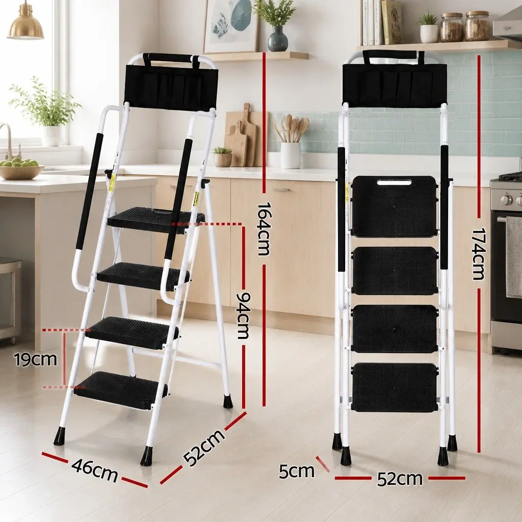 4 Step Ladder Black Steel Folding Multi-Purpose with Tool Bag and Handrails