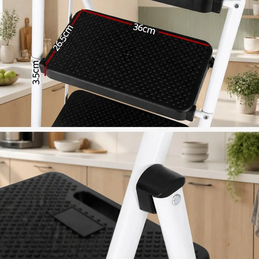 4 Step Ladder Black Steel Folding Multi-Purpose with Tool Bag and Handrails