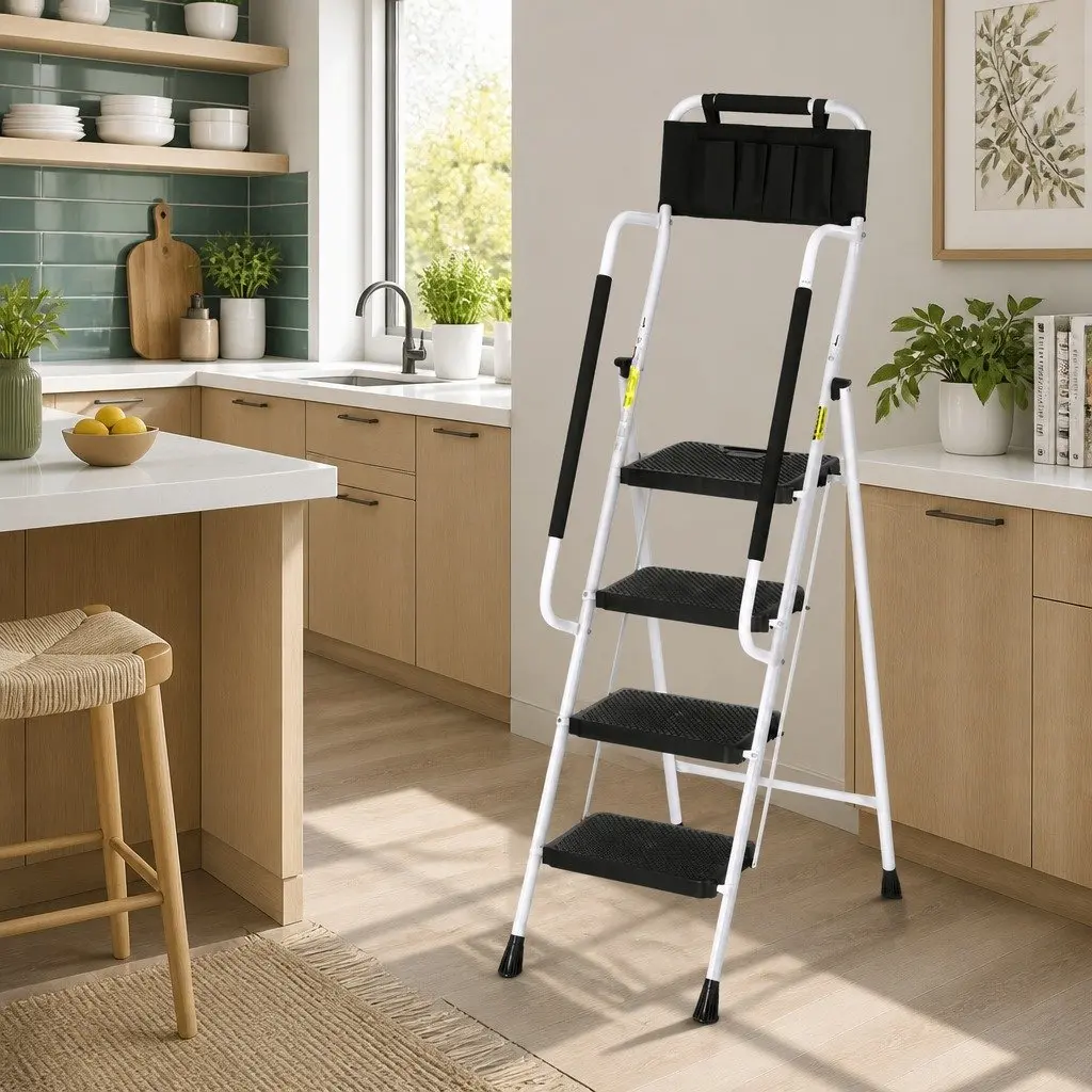 4 Step Ladder Black Steel Folding Multi-Purpose with Tool Bag and Handrails