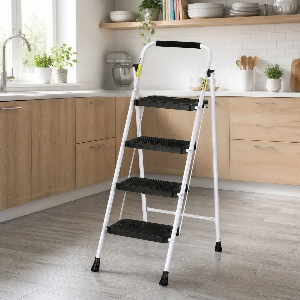 4 Step Ladder Black Steel Folding Lightweight Indoor Outdoor Non-Slip Tread