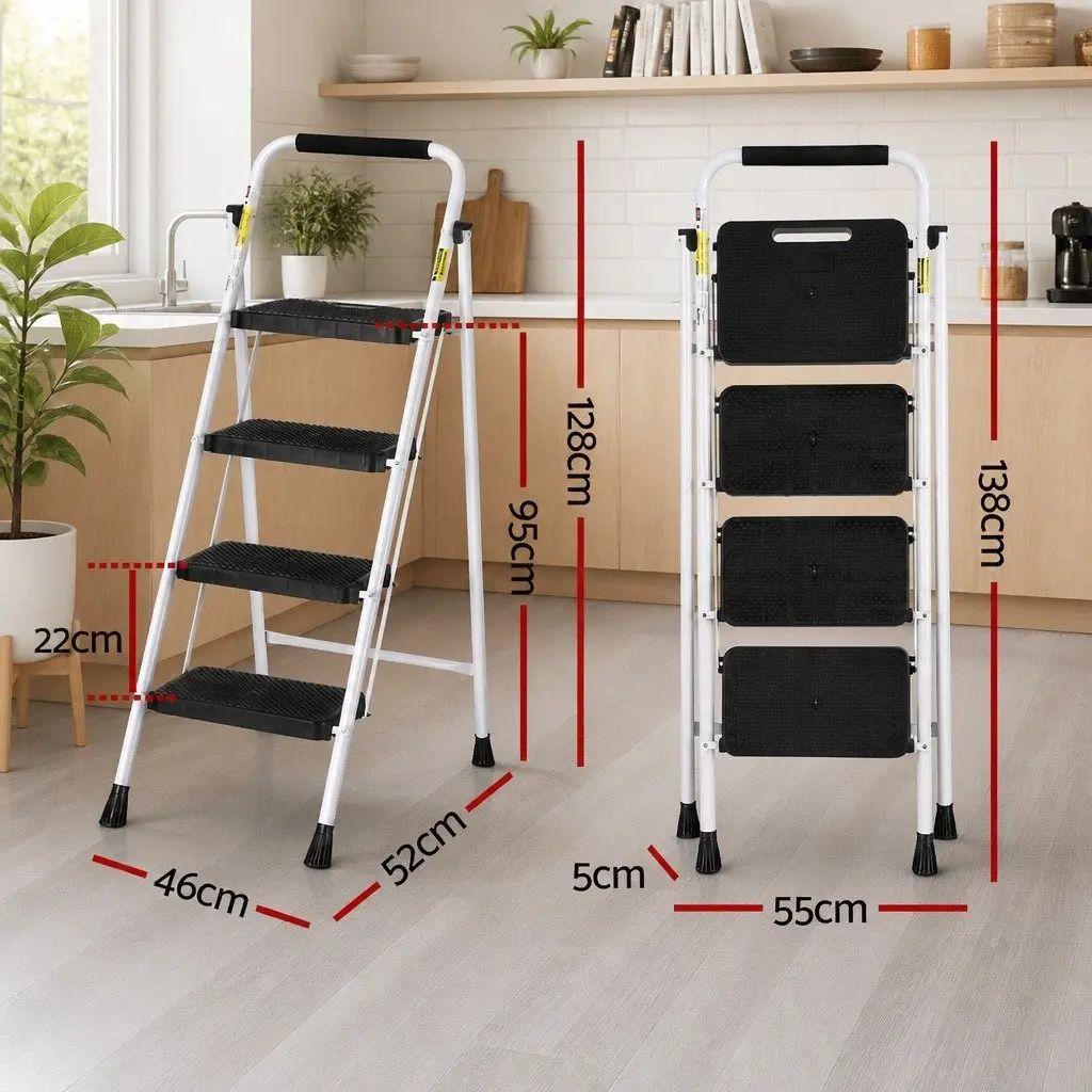 4 Step Ladder Black Steel Folding Lightweight Indoor Outdoor Non-Slip Tread