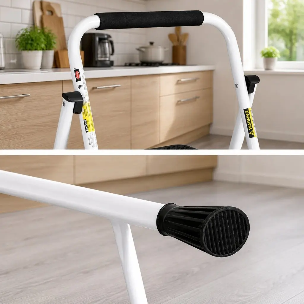 4 Step Ladder Black Steel Folding Lightweight Indoor Outdoor Non-Slip Tread