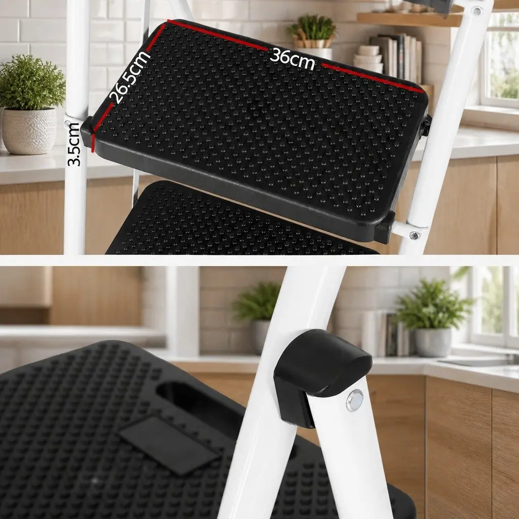 4 Step Ladder Black Steel Folding Lightweight Indoor Outdoor Non-Slip Tread