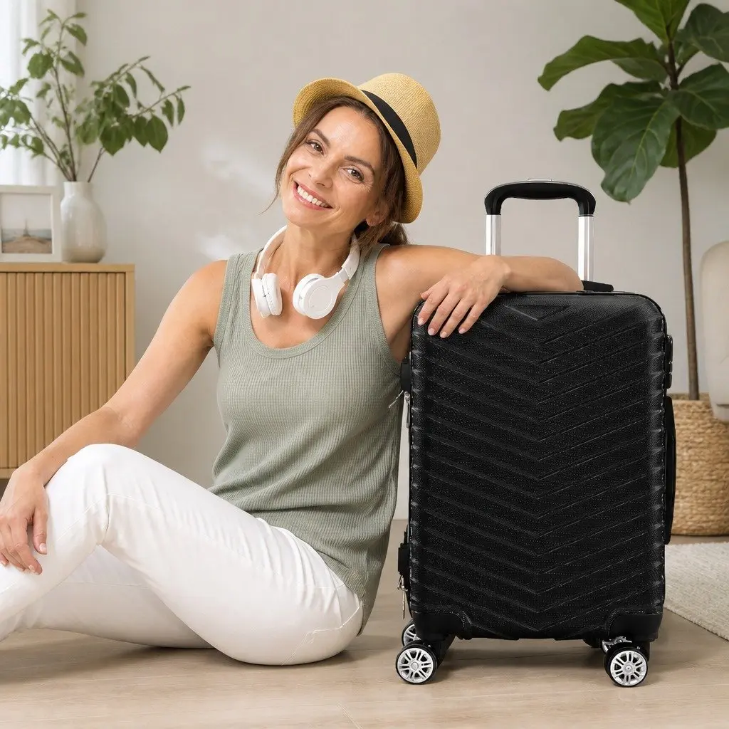 20 Inch Carry On Suitcase Black Anti-Theft Lock Dual Wheels