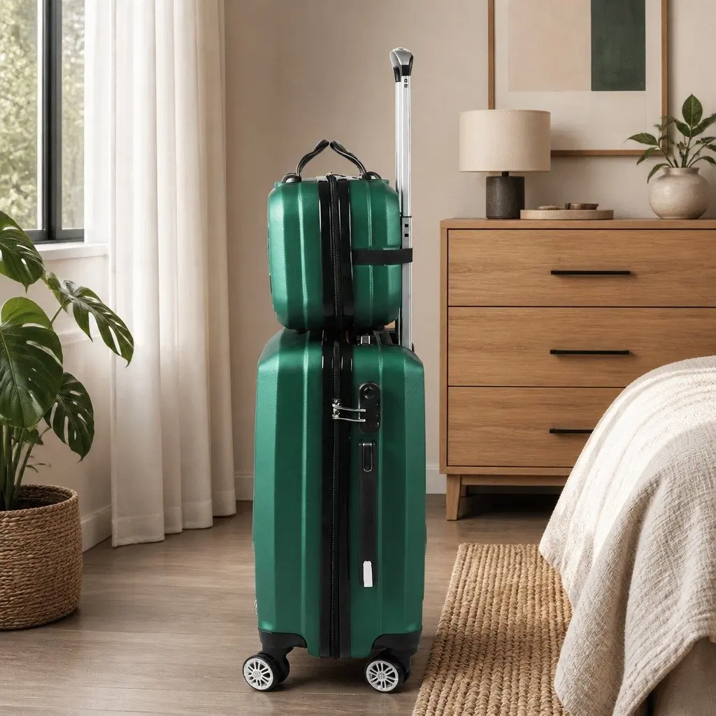 Travel Luggage Set Green 20" Suitcase 12" Vanity Bag Carry-On Trolley