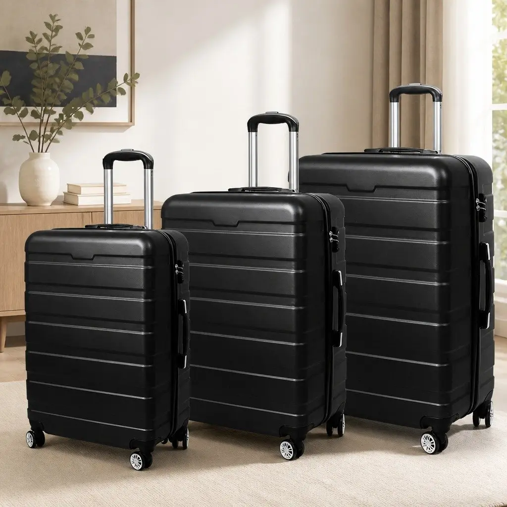 3PC Luggage Set Black Hard Shell Suitcase Carry-on Travel Trolley Spinner Wheels
