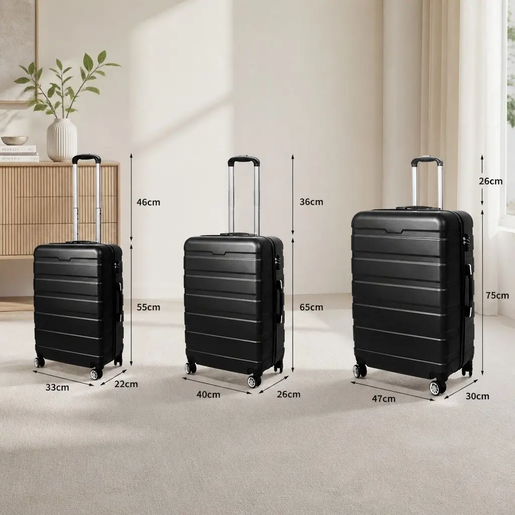 3PC Luggage Set Black Hard Shell Suitcase Carry-on Travel Trolley Spinner Wheels