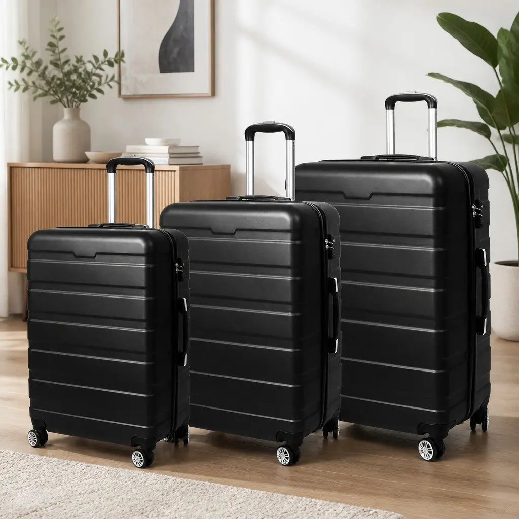 3PC Luggage Set Black Hard Shell Suitcase Carry-on Travel Trolley Spinner Wheels