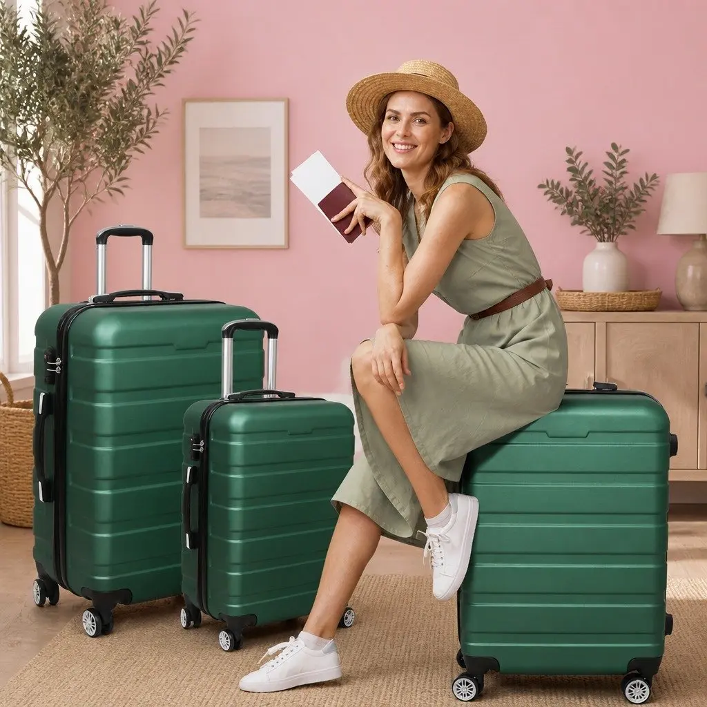 3-Piece Luggage Set Green Hard Shell Suitcase Travel Spinner Wheels Carry Handle