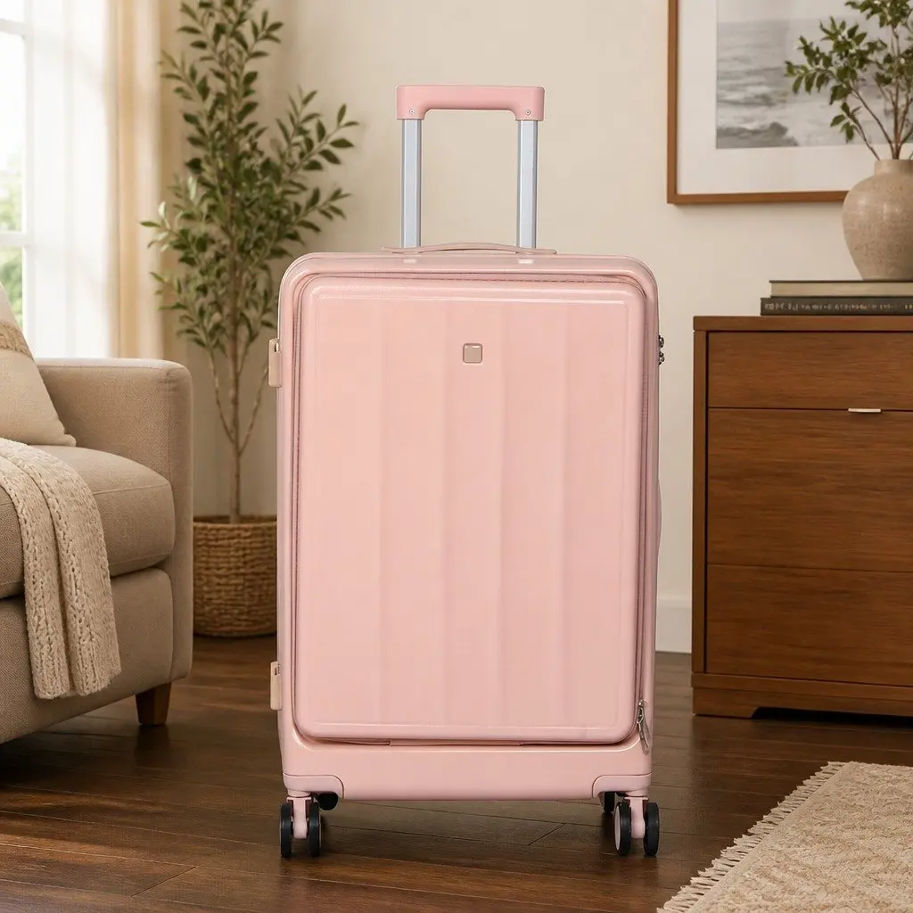 26 Inch Pink Hard Shell Suitcase Travel Bag Front Opening Luggage Trolley Case