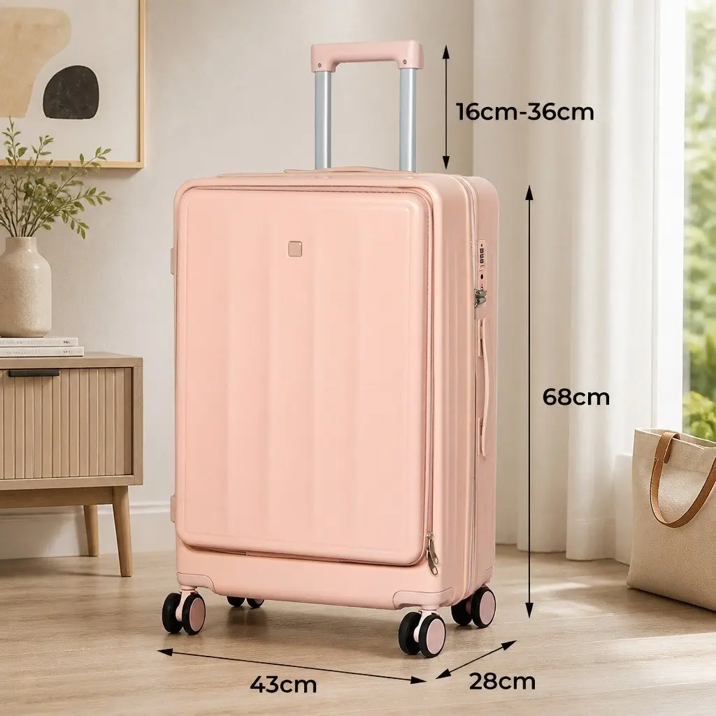 26 Inch Pink Hard Shell Suitcase Travel Bag Front Opening Luggage Trolley Case