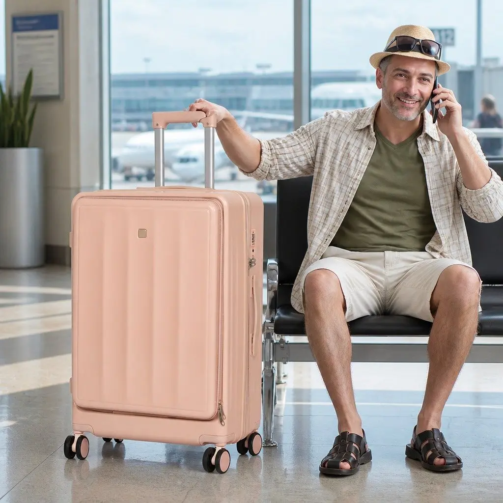 26 Inch Pink Hard Shell Suitcase Travel Bag Front Opening Luggage Trolley Case