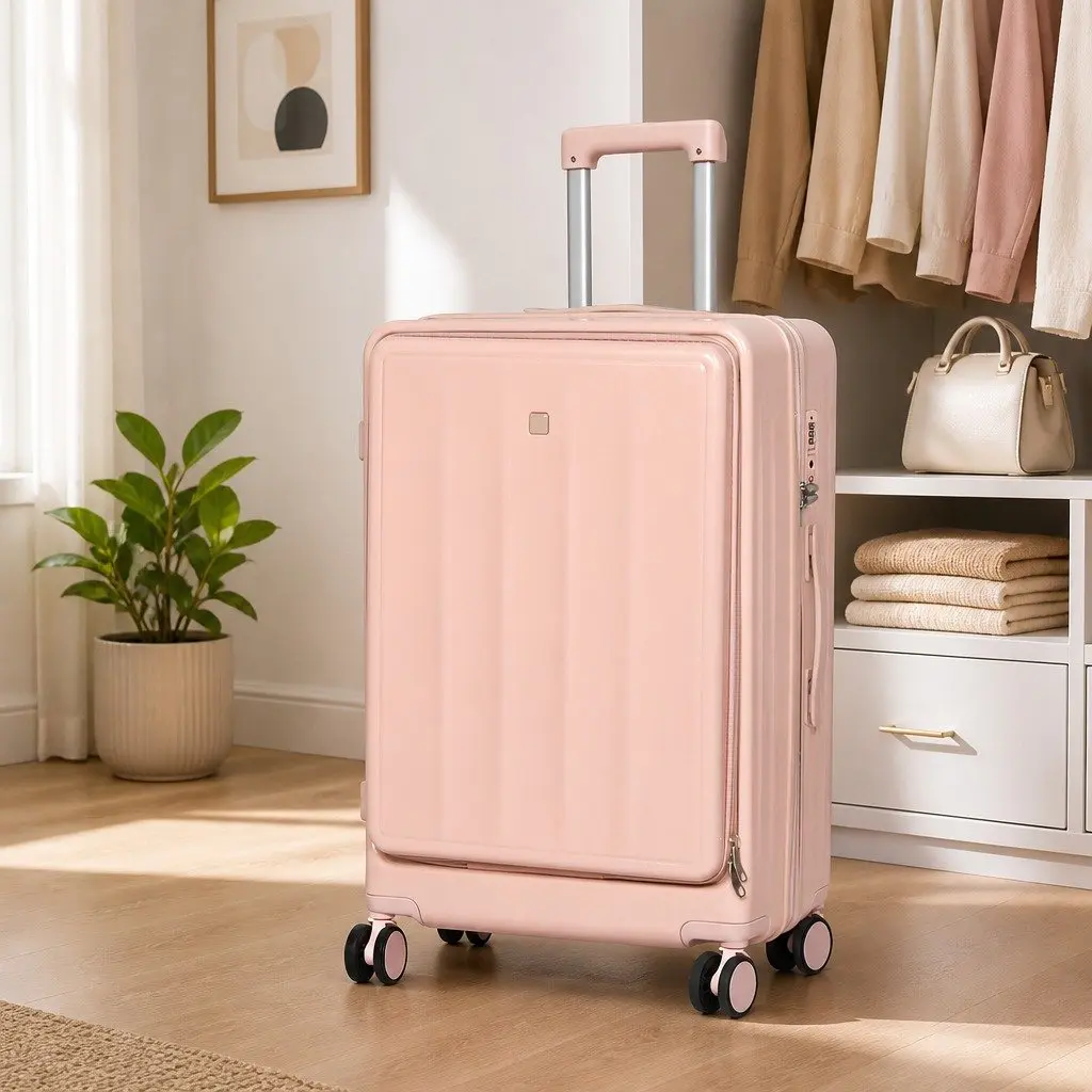 26 Inch Pink Hard Shell Suitcase Travel Bag Front Opening Luggage Trolley Case