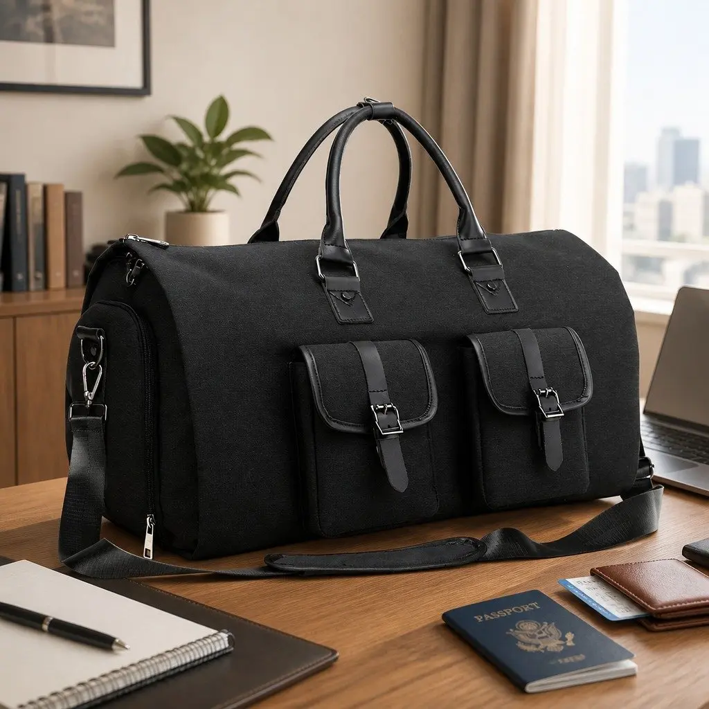 Carry On Garment Bag Black 50cm 2 In 1 Suit Travel Bag with Shoe Compartment and Trolley Sleeve