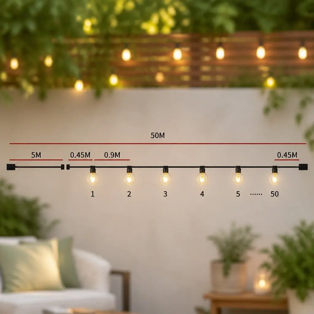 Festoon String Lights Warm White 50M 50 Bulbs Outdoor Indoor LED