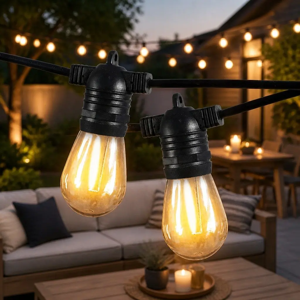 Festoon String Lights Warm White 60M 60 Bulbs Outdoor LED Weatherproof