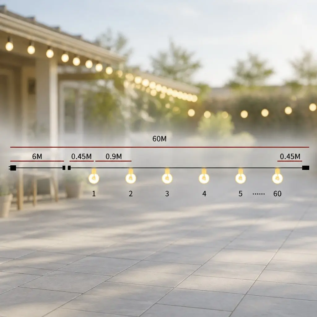 Festoon String Lights Warm White 60M 60 Bulbs Outdoor LED Weatherproof