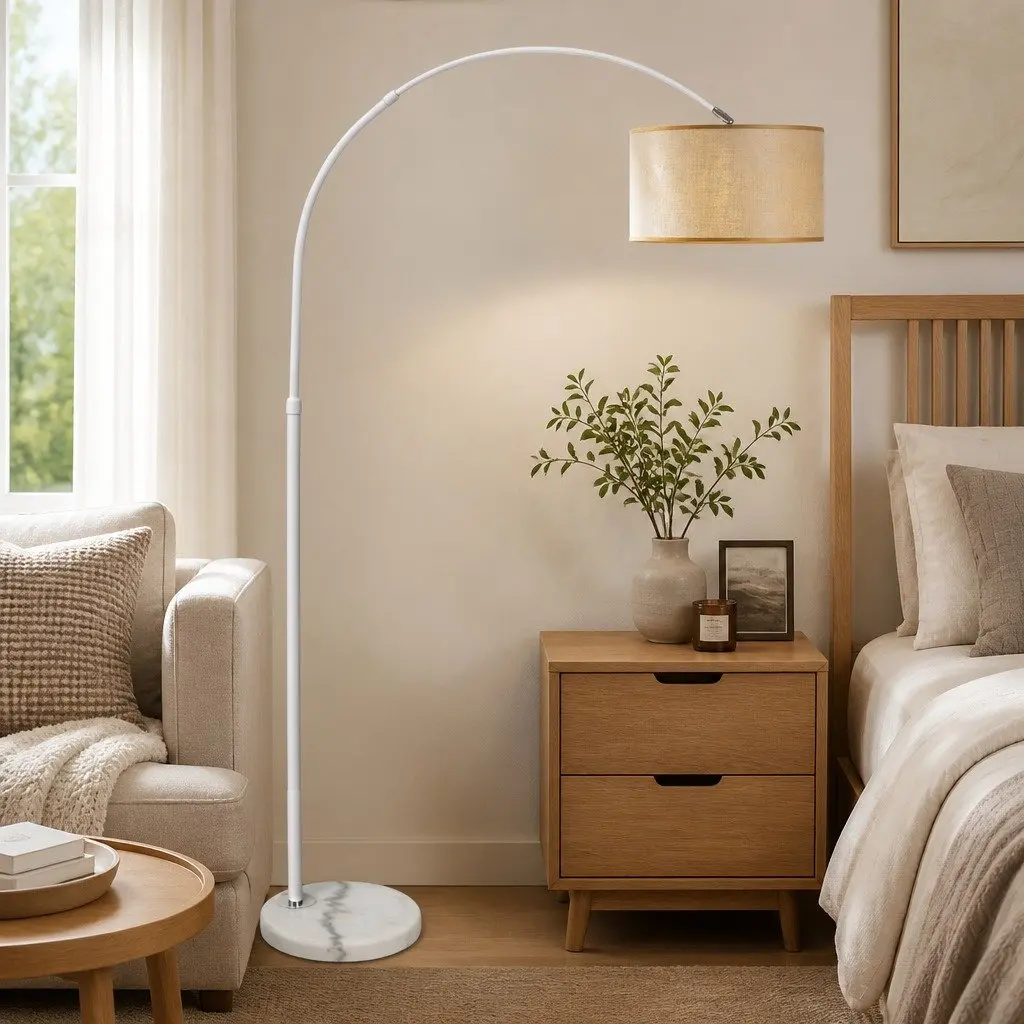 LED Floor Lamp White Beige Adjustable Arm Marble Base Linen Shade