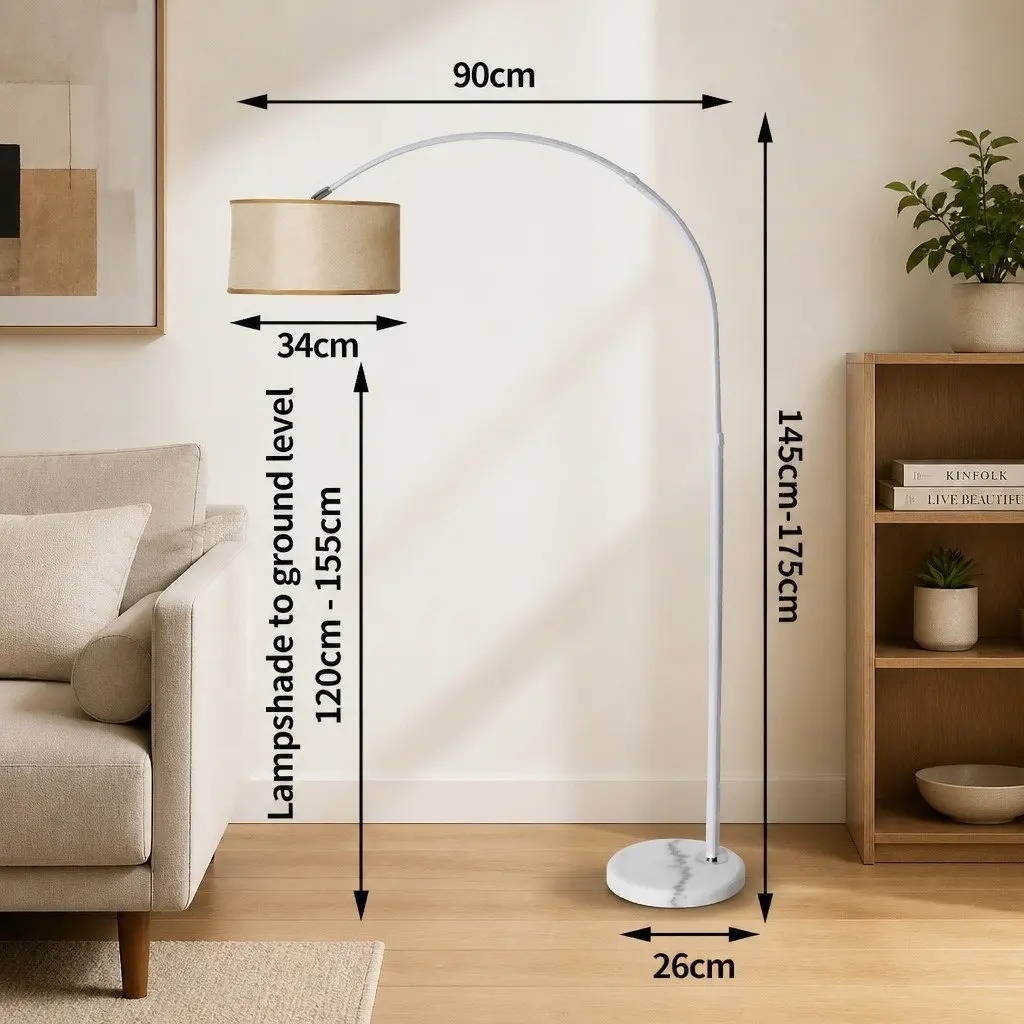 LED Floor Lamp White Beige Adjustable Arm Marble Base Linen Shade