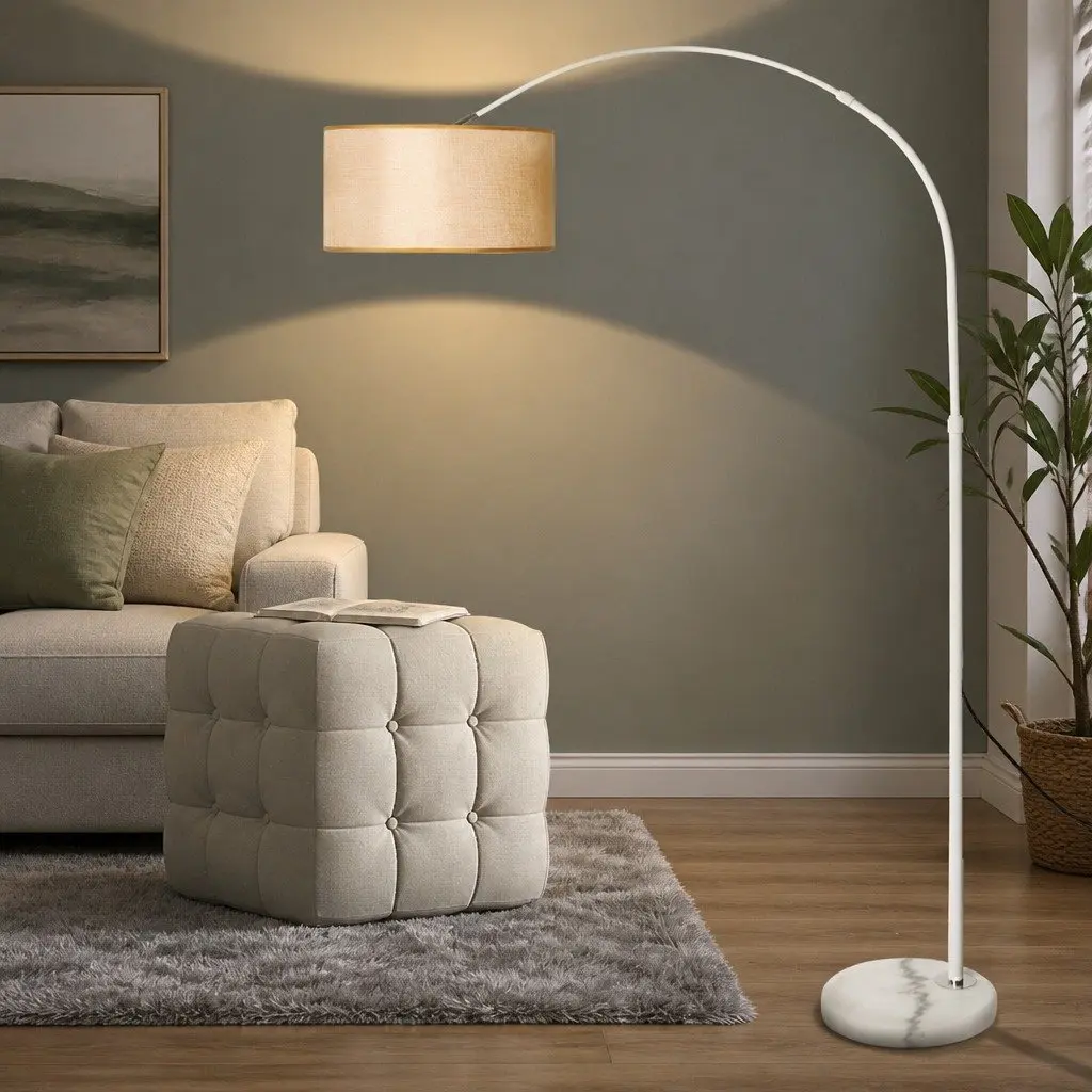 LED Floor Lamp White Beige Adjustable Arm Marble Base Linen Shade