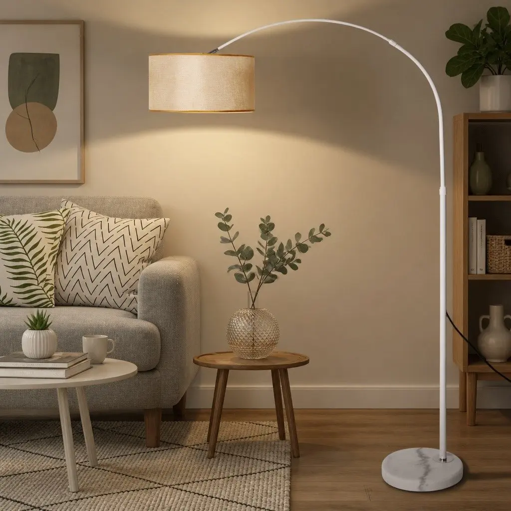 LED Floor Lamp White Beige Adjustable Arm Marble Base Linen Shade