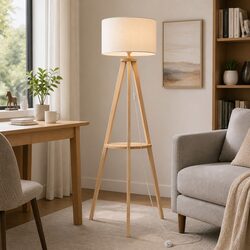Tripod Floor Lamp with Shelf E27 Modern Wood Design Indoor Room Lighting Fixture