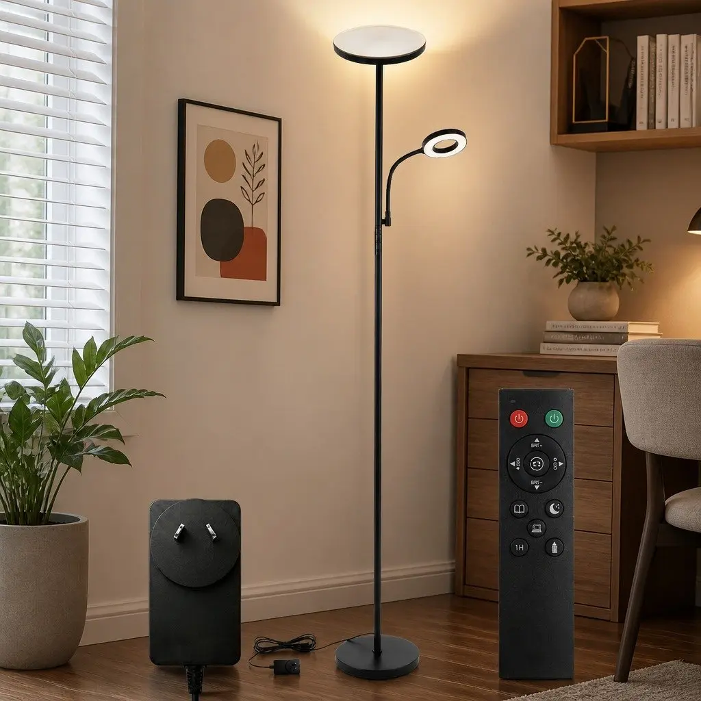 Modern Floor Lamp 2-in-1 Adjustable Reading Light Remote Control Timer Dimmable
